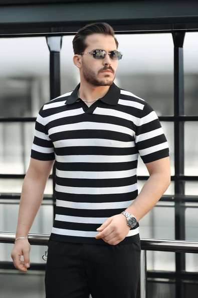 Premium Yan Çizgili Viskon Polo Yaka Triko Erkek T-Shirt - Siyah ürün görseli 1