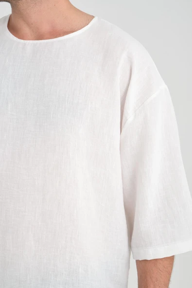 Bisiklet Yaka Fakir Kol Oversize Kısa Kol T-shirt - Beyaz - 7