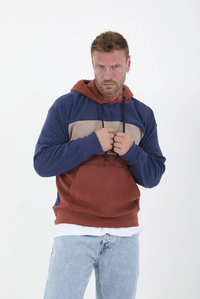 Oversize Kapüşonlu 3 Renk Blok Selanik Örme Erkek Sweatshirt - Kiremit - 2