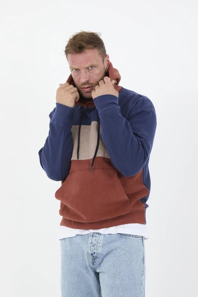 Oversize Kapüşonlu 3 Renk Blok Selanik Örme Erkek Sweatshirt - Kiremit - 6