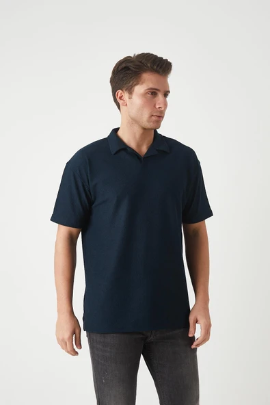 Havlu Kumaş Polo Yaka Erkek T-Shirt - Lacivert - 2