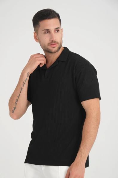 Premium V Yaka Oversize Fitilli T-Shirt - Siyah - 5