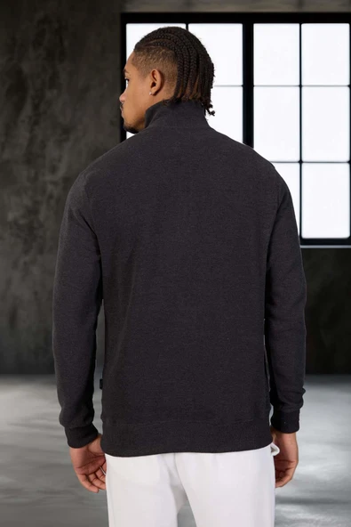 Lars Selanik Örme Yarım Fermuar Erkek Sweatshirt - Antrasit - Resim 6