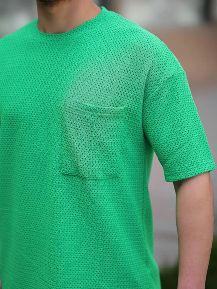 Cep Detaylı Oversize Örme T-shirt - Yeşil - 4
