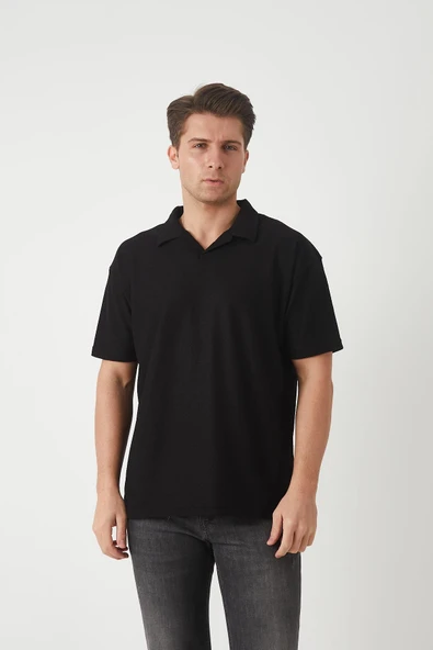 Havlu Kumaş Polo Yaka Erkek T-Shirt - Siyah