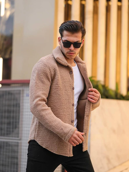 Tek Cepli Peluş Ceket- Bej - Resim 2