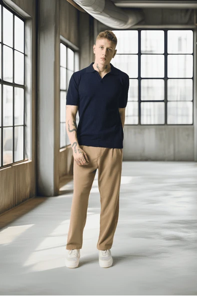 Örme Desenli Viskon Polo Yaka Triko Erkek T-Shirt - Lacivert - 6