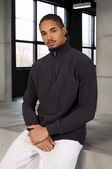 Lars Selanik Örme Yarım Fermuar Erkek Sweatshirt - Antrasit - Resim 5