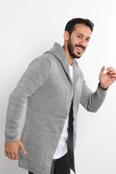 Açıkgri Erkek Düz Panço Hırka - 2
