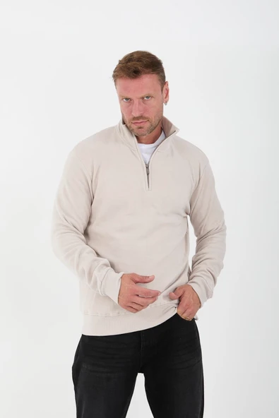 Selanik Örme Kumaş Yarım Fermuar Erkek Sweatshirt - Taş - 5