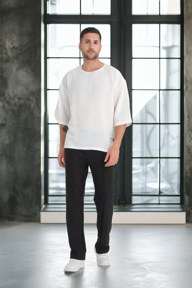 Bisiklet Yaka Fakir Kol Oversize Kısa Kol T-shirt - Beyaz - 5