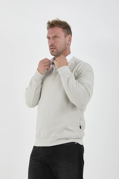 Polo Yaka Selanik Örme Kumaş Erkek Sweatshirt - Taş - 6