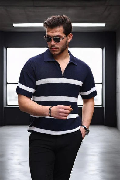 Yarım Fermuar Çizgili Oversize Triko T-Shirt - Lacivert - 2
