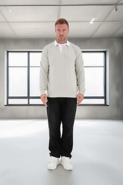 Luis Polo Yaka Selanik Örme Kumaş Erkek Sweatshirt - Taş - Resim 6