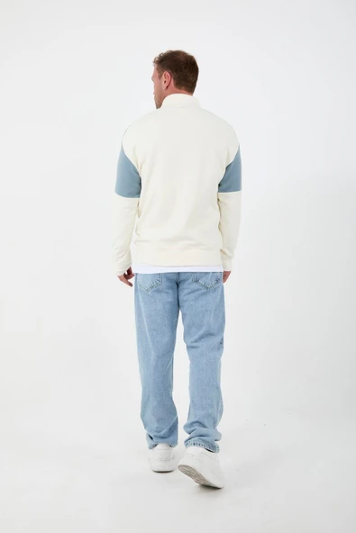Oversize Erkek Kolları Garnili Selanik Örme Erkek Sweatshirt - Ekru - 5