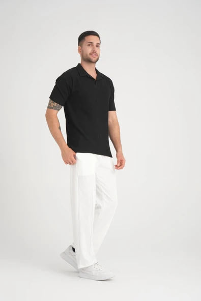 Premium V Yaka Oversize Fitilli T-Shirt - Siyah - 3