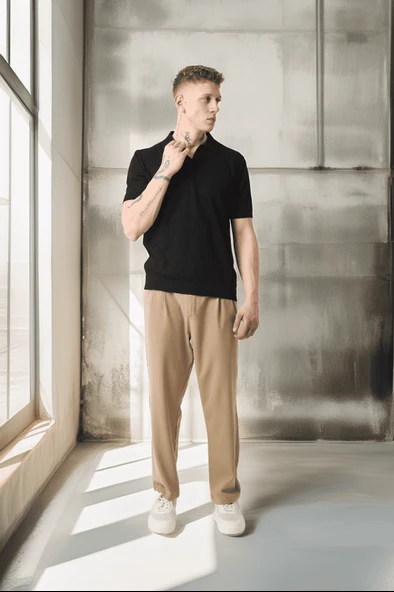 Polo Yaka Basic Düğmeli Triko Erkek T-Shirt - Siyah - Resim 11