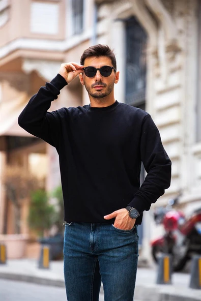Bisiklet Yaka Basic Sweatshirt - Siyah - 5