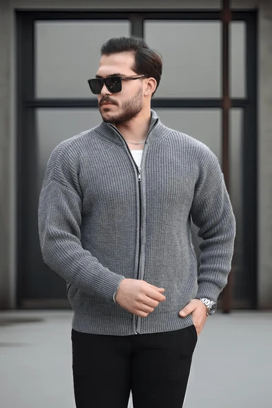Oversize Selanik Örme Fermuarlı Erkek Hırka- Füme - 4