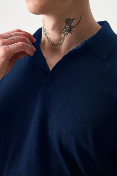 Polo Yaka Basic Düğmeli Triko Erkek T-Shirt - Lacivert - 2