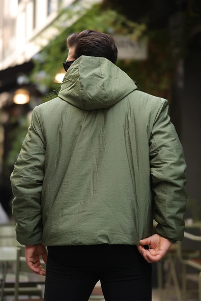 Oversize Cep Detaylı Kapüşonlu Hafif Şişme Mont - Yeşil - 5