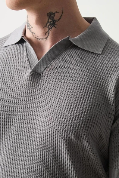 Örme Desenli Viskon Polo Yaka Triko Erkek T-Shirt - Gri - 2