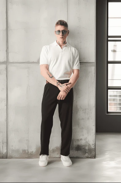 Polo Yaka Basic Düğmeli Triko Erkek T-Shirt - Ekru - 11