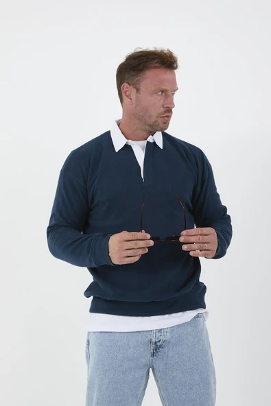 Polo Yaka Selanik Örme Kumaş Erkek Sweatshirt - İndigo - 5