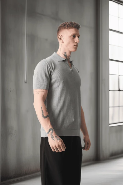 Örme Desenli Viskon Polo Yaka Triko Erkek T-Shirt - Gri - 5