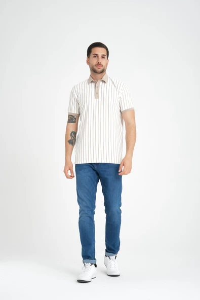 Premium Dik Çizgili Polo Yaka T-Shirt - Bej - 3