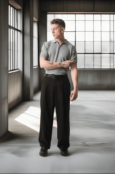 Örme Desenli Viskon Polo Yaka Triko Erkek T-Shirt - Gri - 3