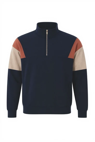 Oversize Erkek Kolları Garnili Selanik Örme Erkek Sweatshirt - Lacivert ürün görseli 1