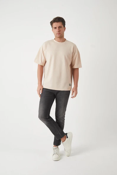 Panel Detaylı Basic Oversize Erkek T-Shirt - Bej - 3