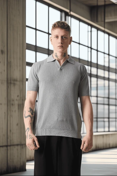 Örme Desenli Viskon Polo Yaka Triko Erkek T-Shirt - Gri - 4