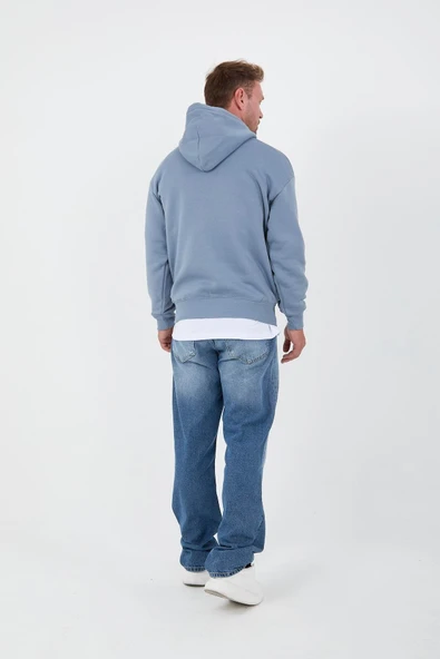 Açıkmavi Erkek Oversize Kapüşonlu Kanguru Cepli Sweatshirt - Hoodie - 6