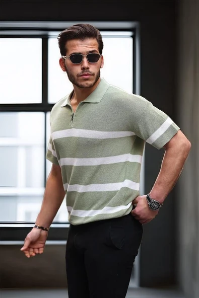 Yarım Fermuar Çizgili Oversize Triko T-Shirt - Yeşil - 1
