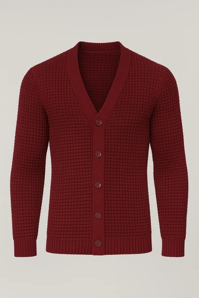 Nopenli Fitil Örgü Düğmeli Hırka - Bordo