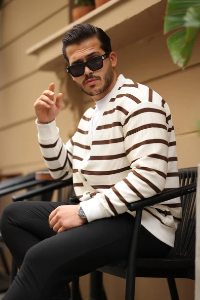 Oversize Çizgili Düğmeli Erkek Hırka - Kahve - 3