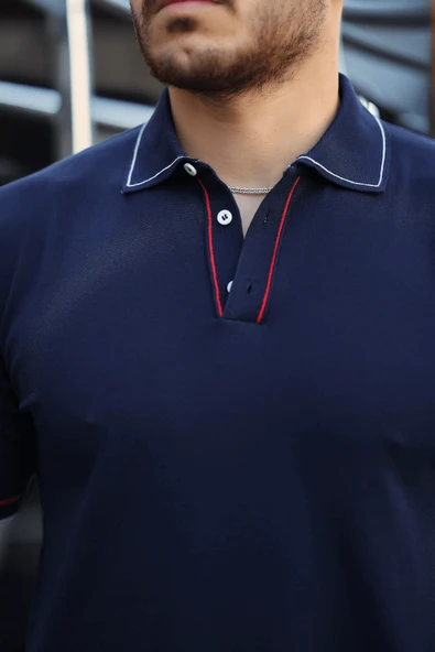 Premium Şerit Detaylı Viskon Polo Yaka Triko Erkek T-Shirt - Lacivert - 2