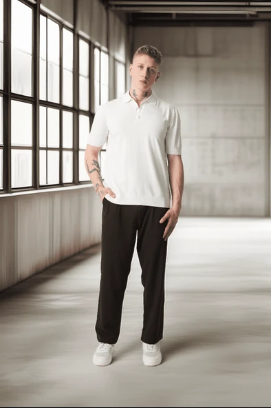 Polo Yaka Basic Düğmeli Triko Erkek T-Shirt - Ekru - 8