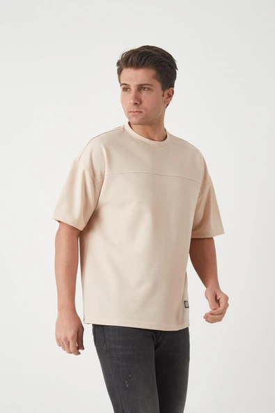 Panel Detaylı Basic Oversize Erkek T-Shirt - Bej - 8