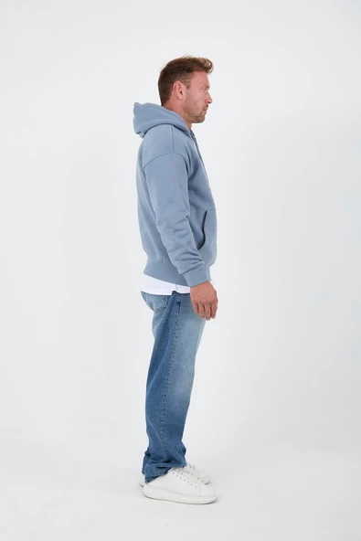 Açıkmavi Erkek Oversize Kapüşonlu Kanguru Cepli Sweatshirt - Hoodie - 5