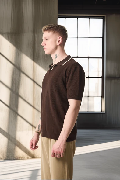 Yakası Şeritli Viskon Polo Yaka Triko Erkek T-Shirt - Kahve - 7
