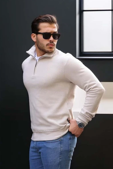 Lars Selanik Örme Kumaş Yarım Fermuar Erkek Sweatshirt - Taş - Resim 2