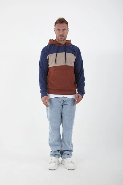 Oversize Kapüşonlu 3 Renk Blok Selanik Örme Erkek Sweatshirt - Kiremit - 4