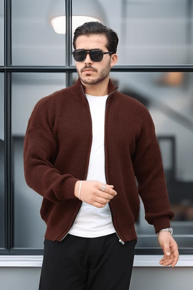 Oversize Selanik Örme Fermuarlı Erkek Hırka- Kahve - 3