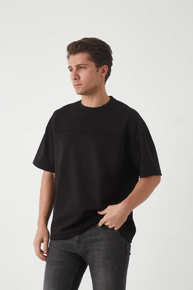 Panel Detaylı Basic Oversize Erkek T-Shirt - Siyah - 7