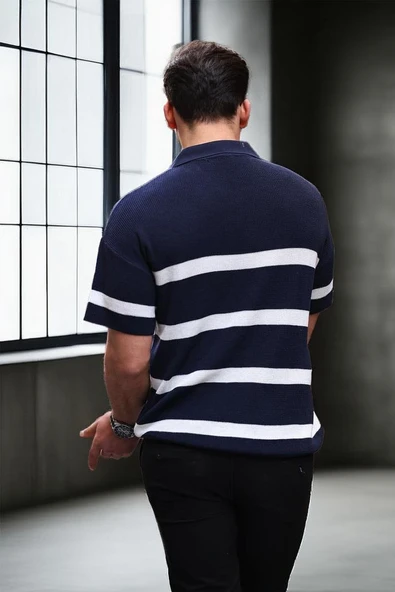 Yarım Fermuar Çizgili Oversize Triko T-Shirt - Lacivert - 3