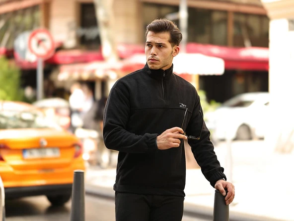 Premium Yarım Ferrmuar Polar Sweatshirt - Siyah - 5