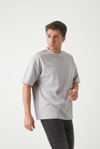 Panel Detaylı Basic Oversize Erkek T-Shirt - Gri - Resim 7